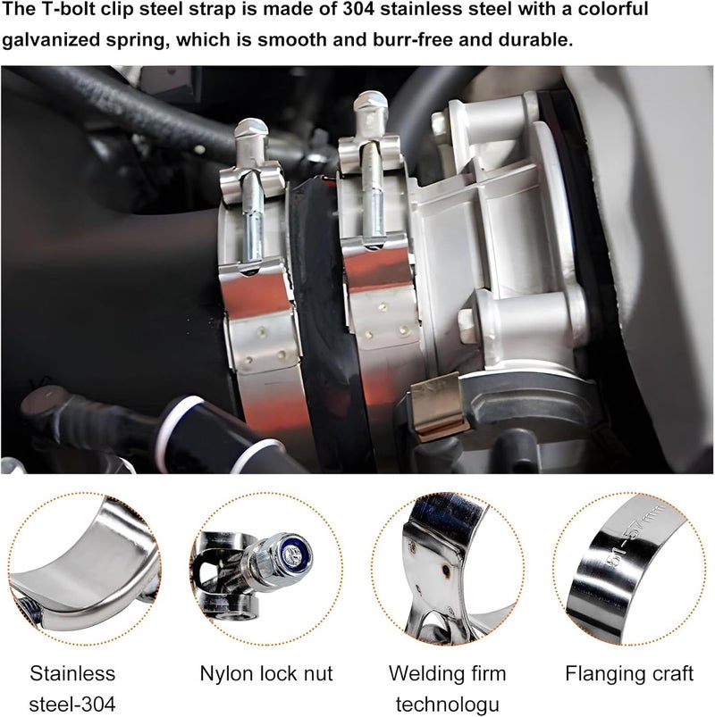 Wevdn 4PCS 1.75" T-Bolt Hose Clamp, Stainless Steel Tube Clamp with 51mm-57mm ID Range, Heavy-Duty Adjustable T-Bolt Turbo Intake Clamp for 1.75" Hose ID, Radiator Hose Clamp - Image 3